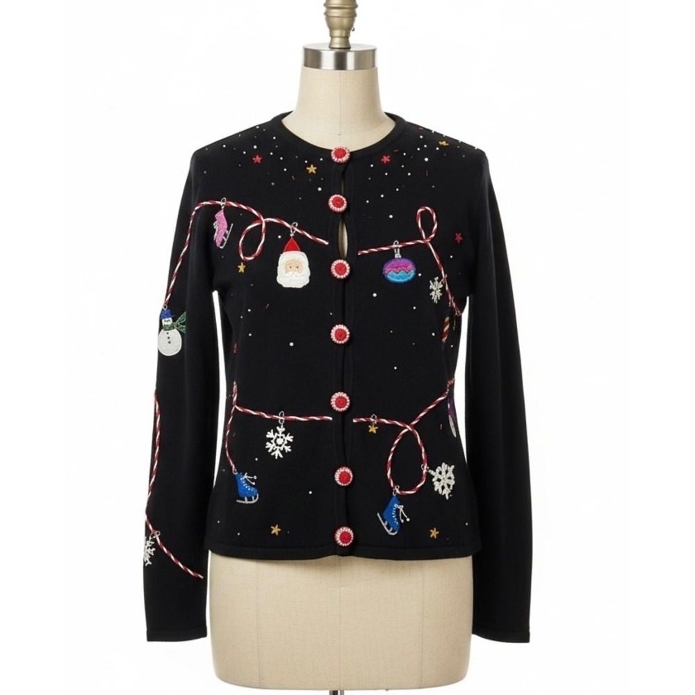 Designers Originals Studio Joy‎ Christmas Cardigan Sweater Black Petite Large